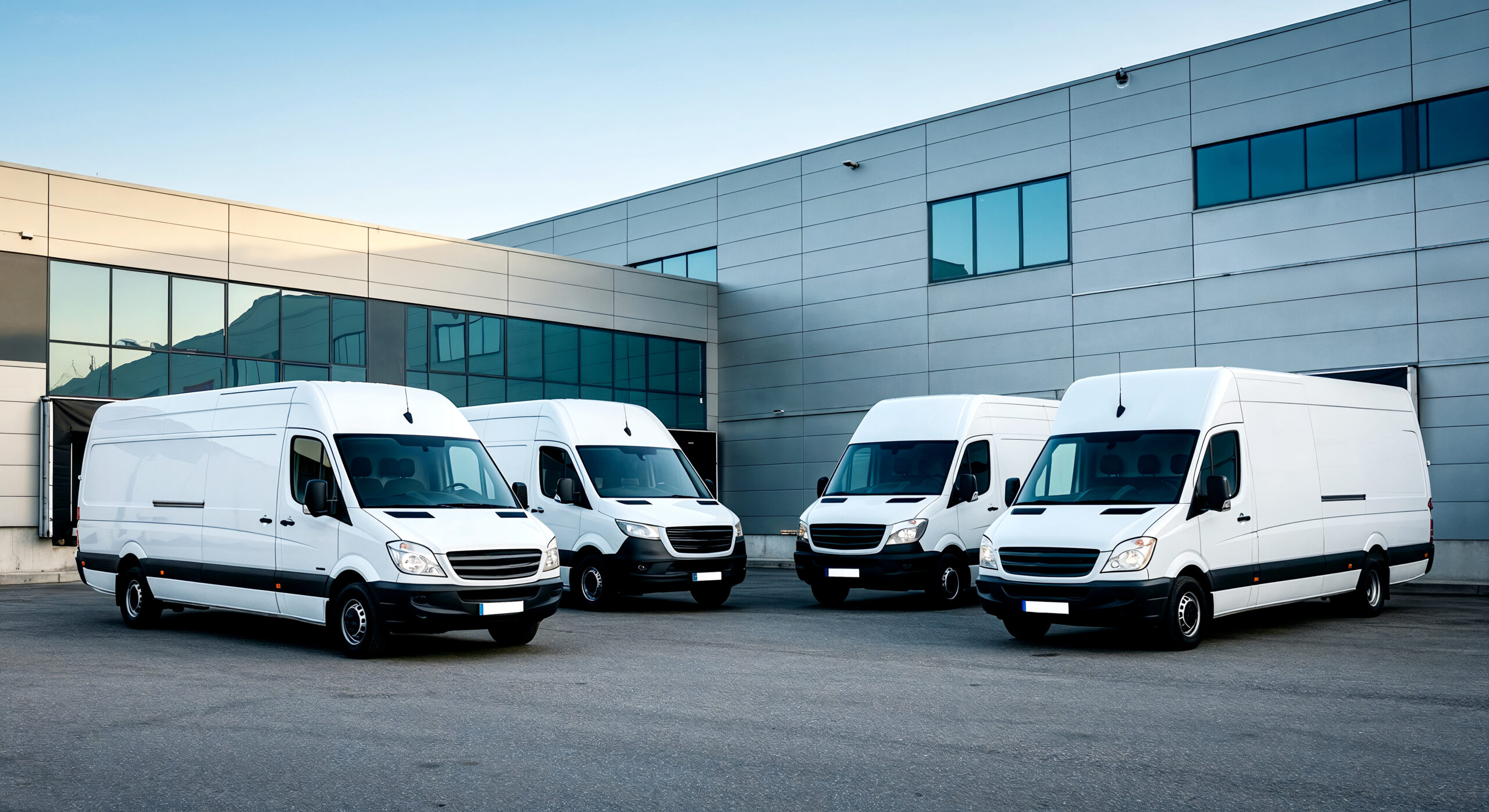 white delivery vans parked outside warehouse